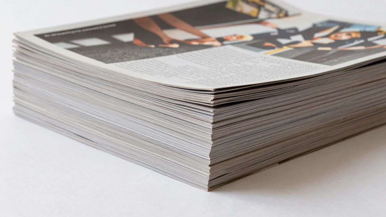 Close-up of a stack of magazines and a bound book on paper-white