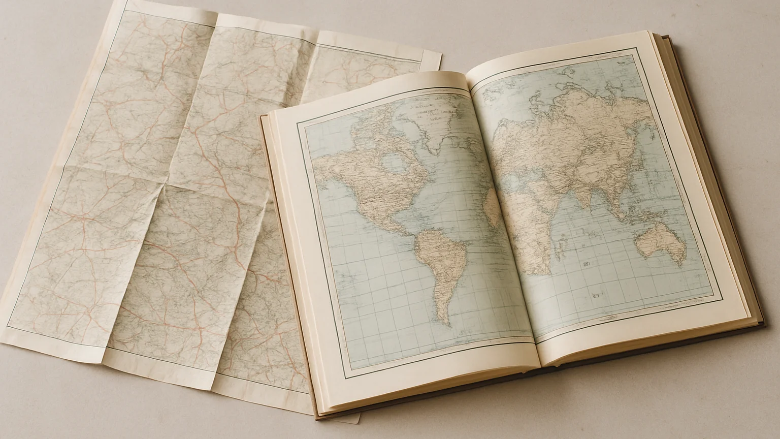 Overhead study of a folded paper map and an open atlas spread, so