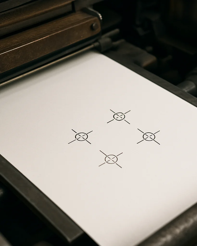 Close-up of precise print registration marks on a paper sheet under a press, crisp detail, soft neutral light, editorial