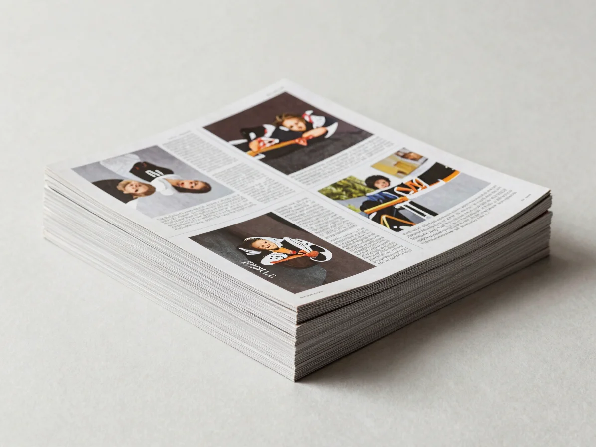 Overhead studio view of a stack of printed magazines on a neutral