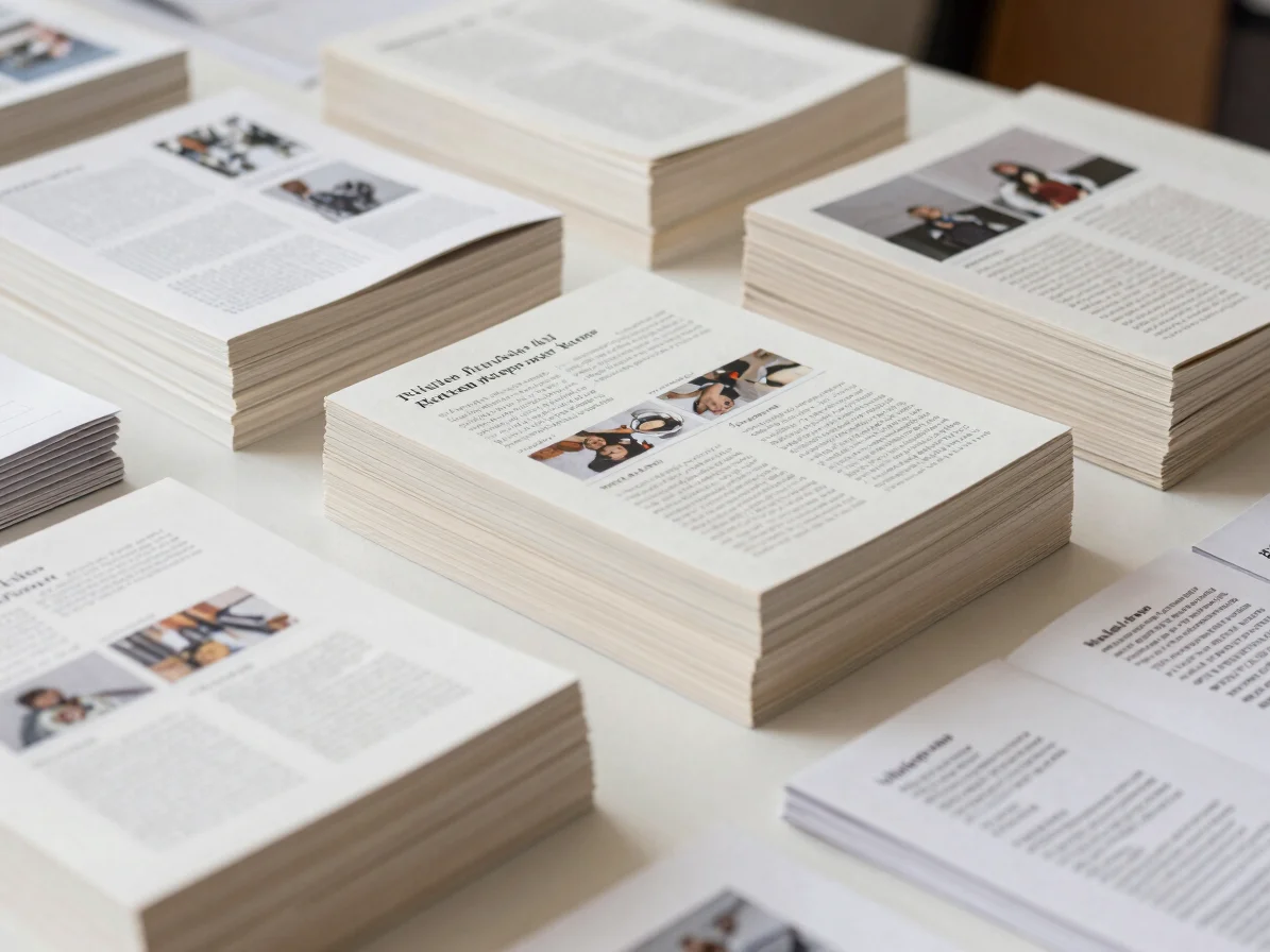 Close-up of stacked bound books and folded brochures on a paper-w