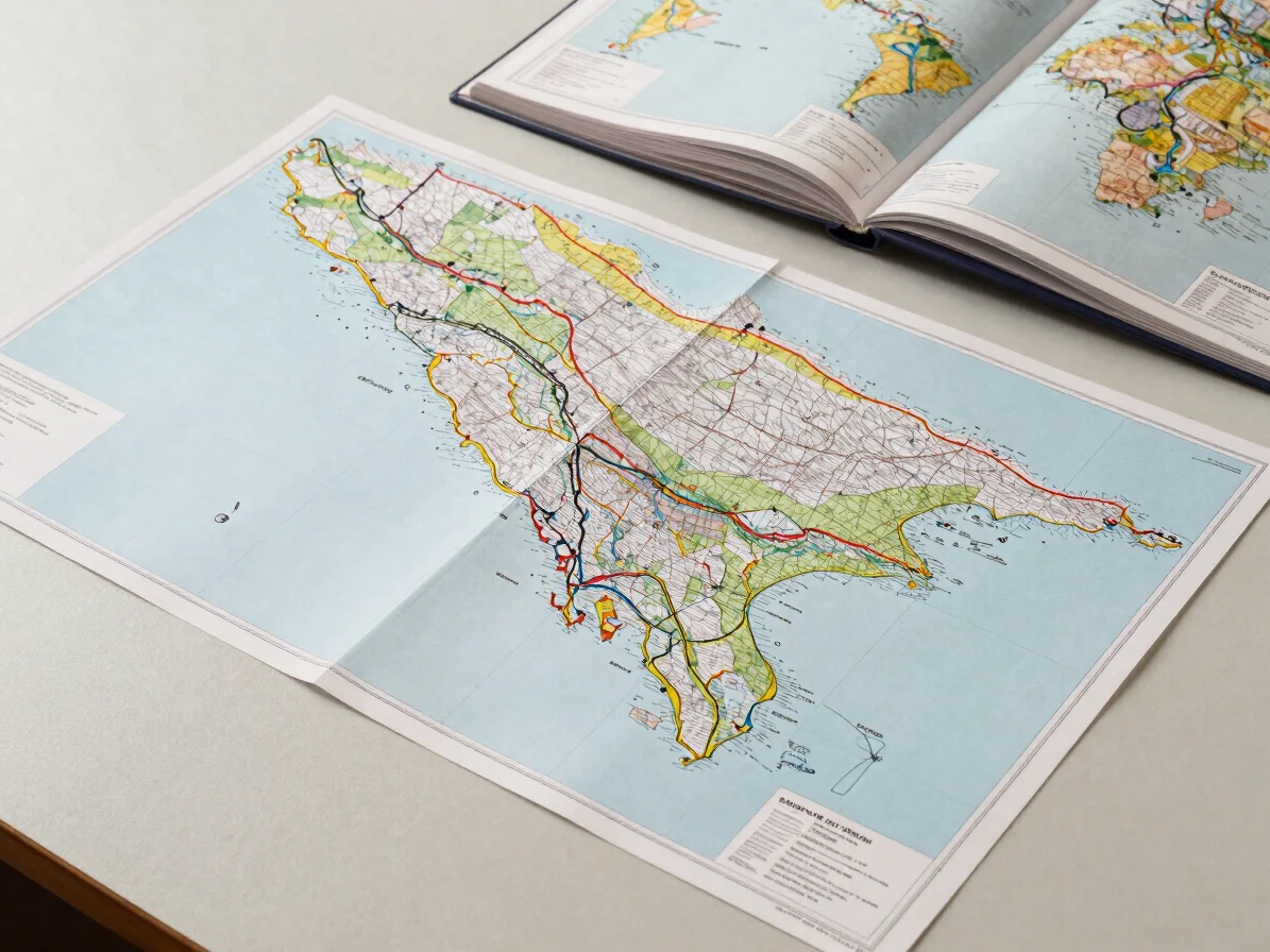 Overhead study of a flat printed map and an open atlas on a neutr