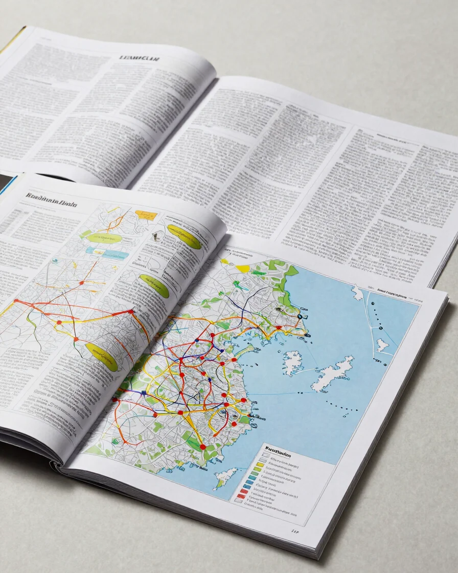 Overhead studio view of printed magazine pages, a folded map and