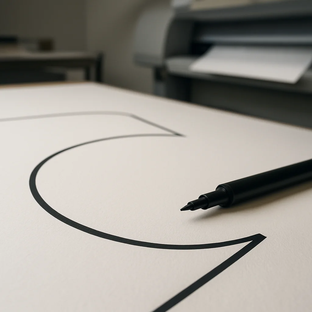 Editorial print-shop photography, close-up of a sharp black line