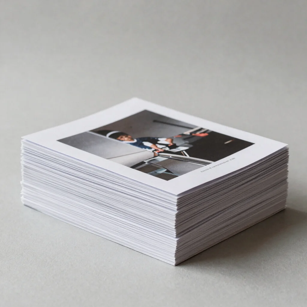 Editorial print-shop photography, stack of folded brochures on a