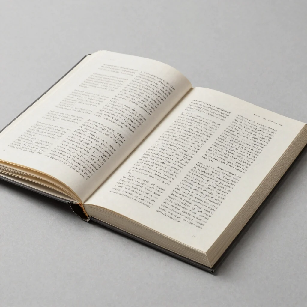 Editorial print-shop photography, open bound book with clean type