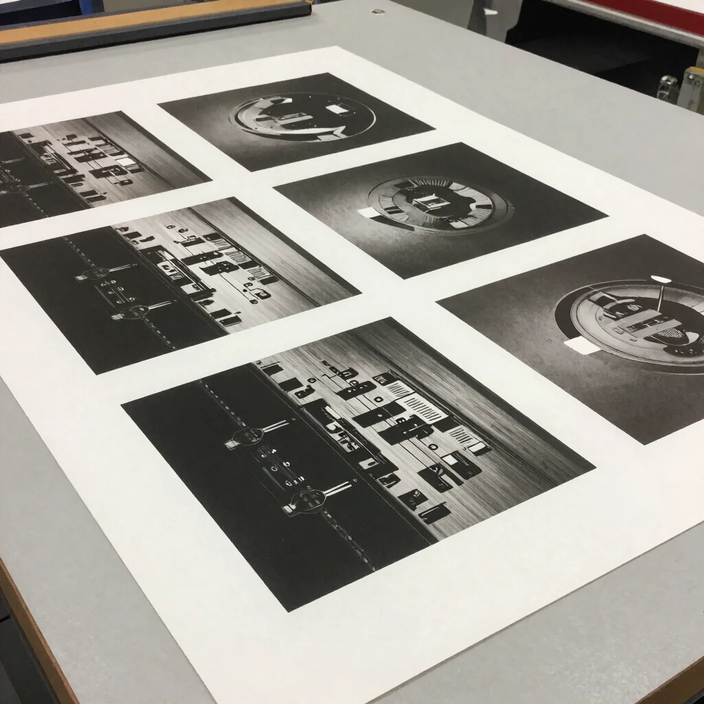 Editorial print-shop photography, overhead view of a large-format